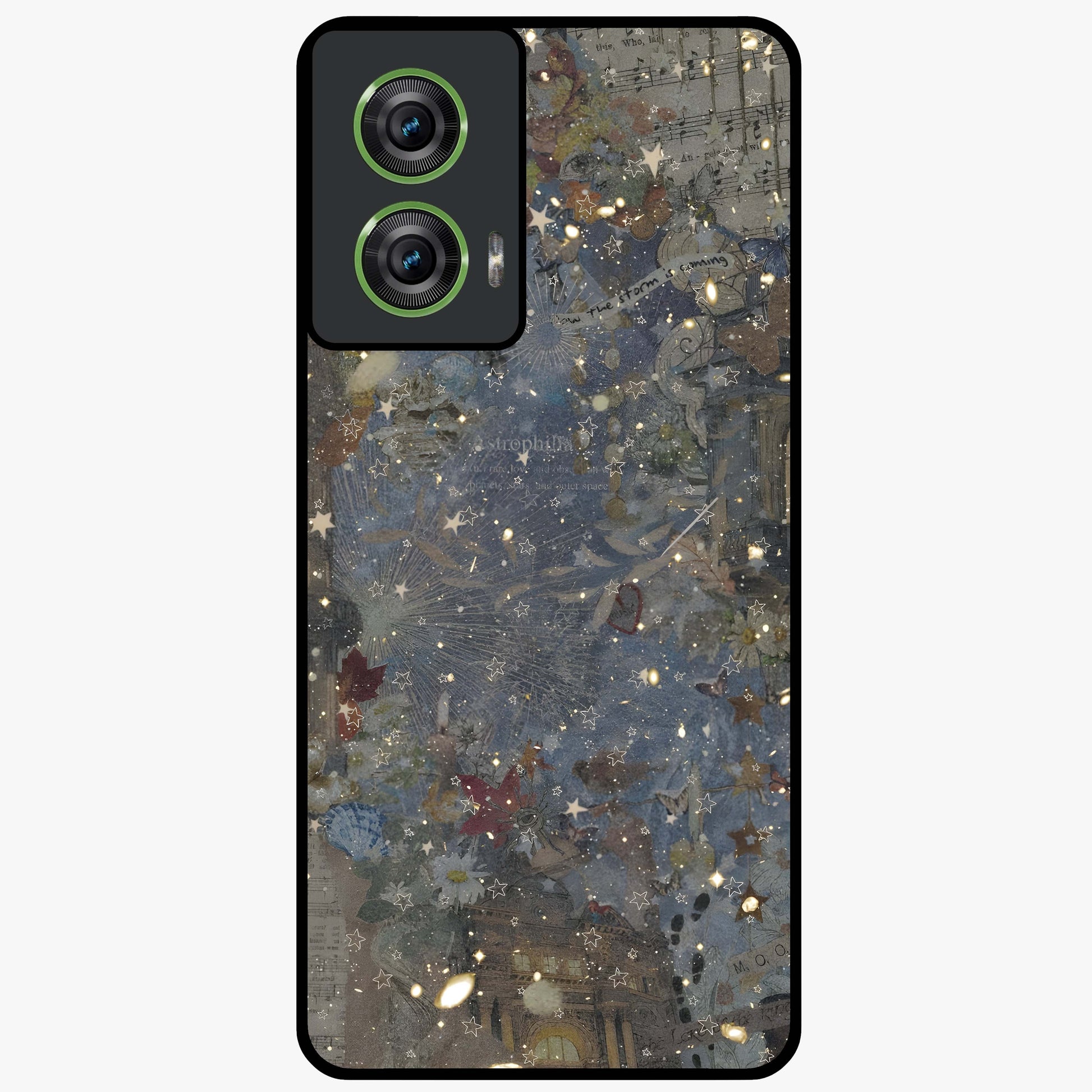 Aesthetic Astrolophia Glass Case showing flat back view with dreamy aesthetic design and glossy glass finish.