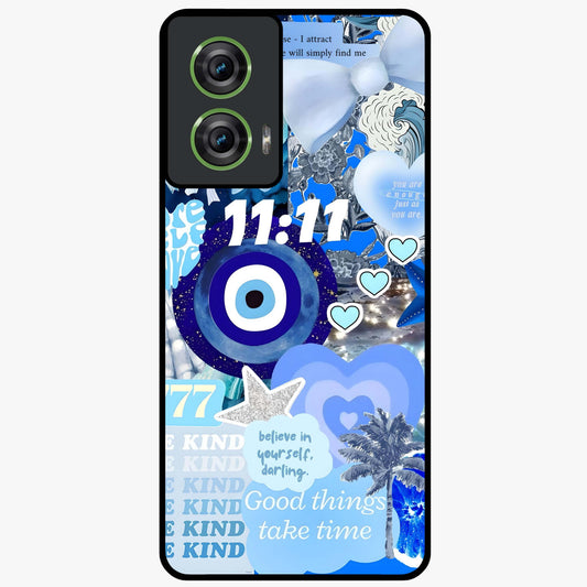 Aesthetic Be Kind Eye Glass Case showing flat back view with motivational eye artwork and glossy glass finish.