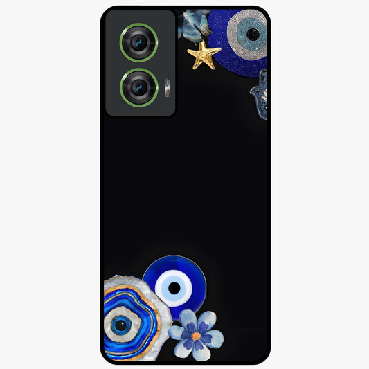 Aesthetic Blue Evil Eye Glass Case showing flat back view with protective evil eye artwork and glossy glass finish.