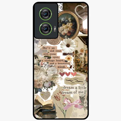 Aesthetic Brown Vintage Collage Glass Case showing flat back view with retro collage artwork and glossy glass finish.