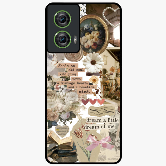 Aesthetic Brown Vintage Collage Glass Case showing flat back view with retro collage artwork and glossy glass finish.