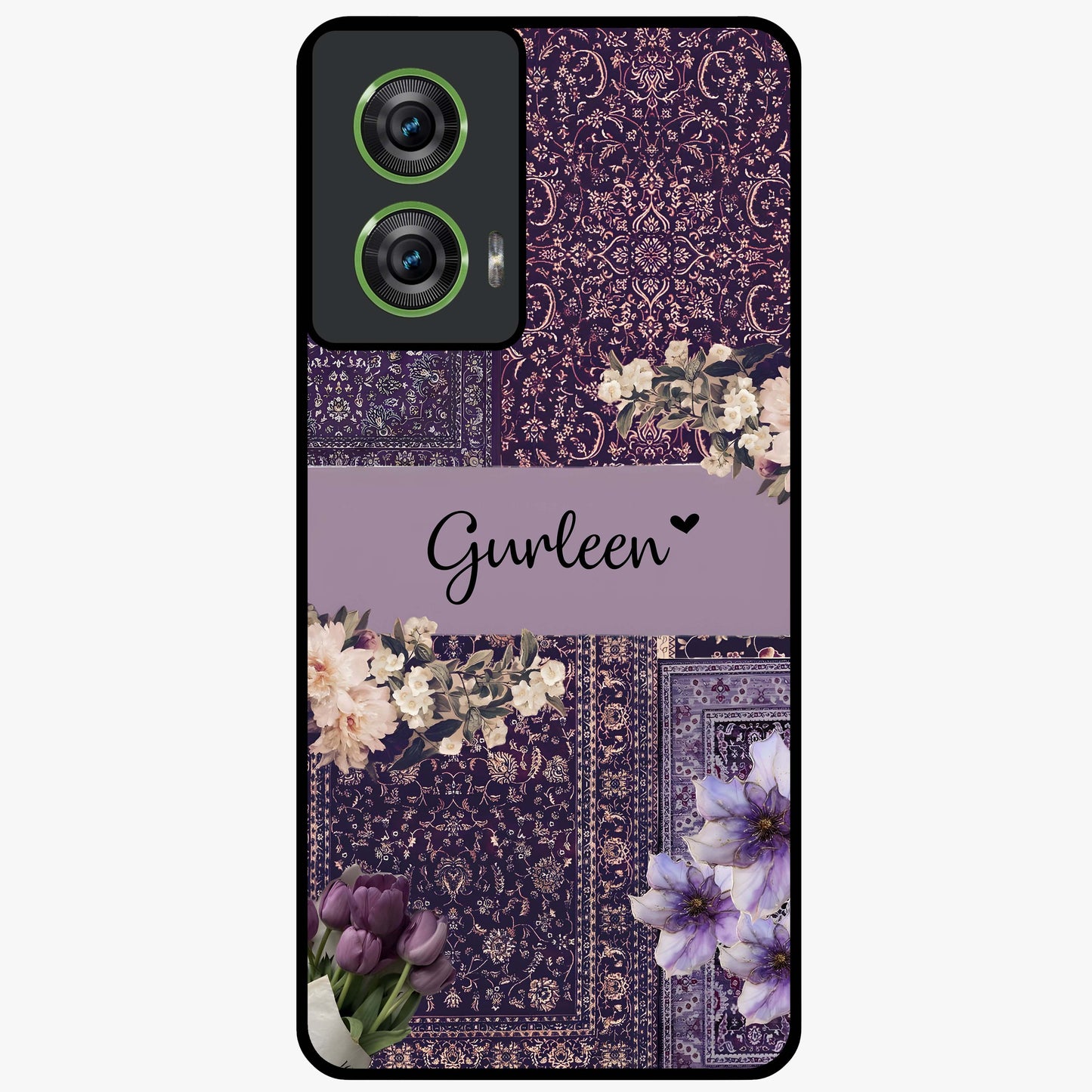Antique Floral Whisper Custom Name Glass Case showing flat back view with vintage floral artwork and personalized name design.