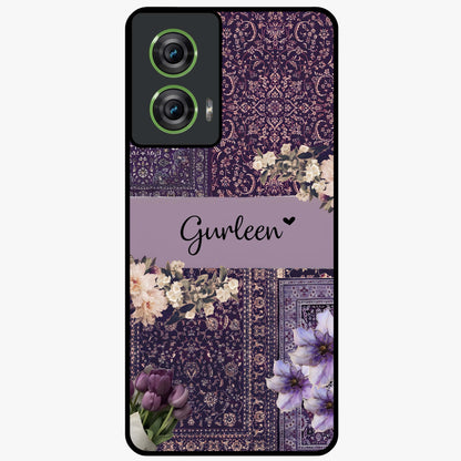 Antique Floral Whisper Custom Name Glass Case showing flat back view with vintage floral artwork and personalized name design.
