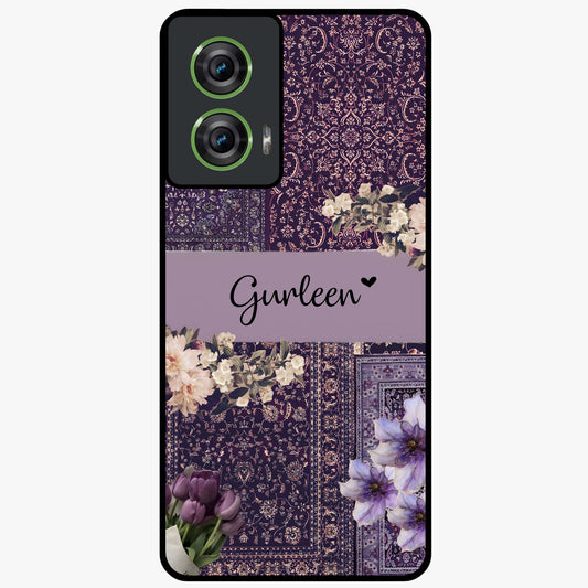 Antique Floral Whisper Custom Name Glass Case showing flat back view with vintage floral artwork and personalized name design.