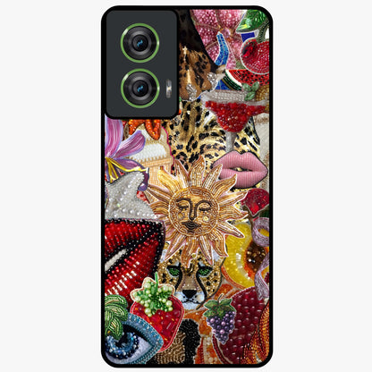 Beaded Fashion Jungle Glass Case showing flat back view with vibrant jungle inspired bead artwork and glossy glass finish.