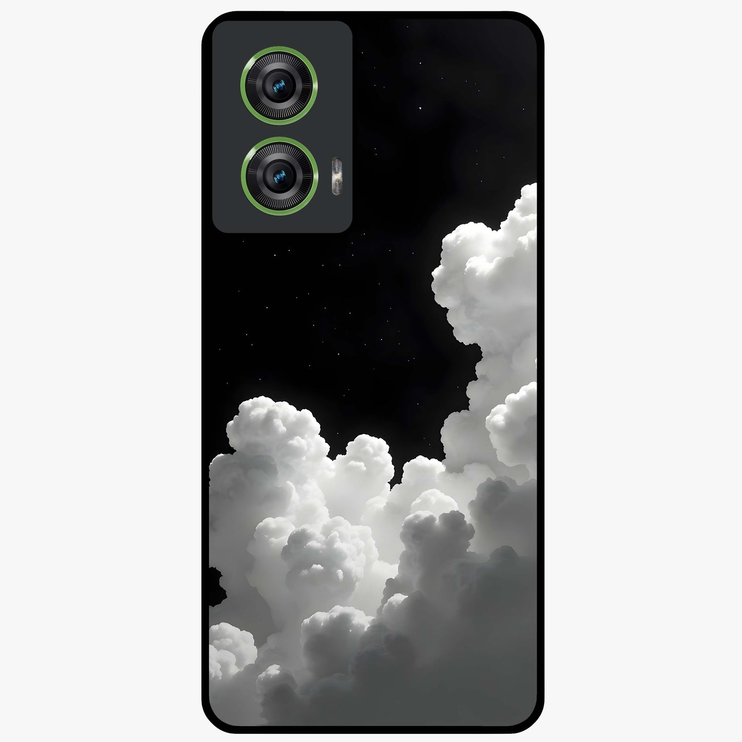 Black Background With White Cloud Glass Case showing flat back view with minimal cloud artwork on dark background and glossy glass finish.