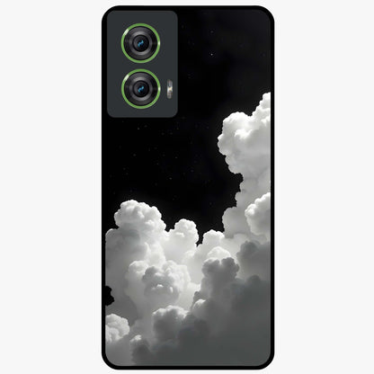 Black Background With White Cloud Glass Case showing flat back view with minimal cloud artwork on dark background and glossy glass finish.