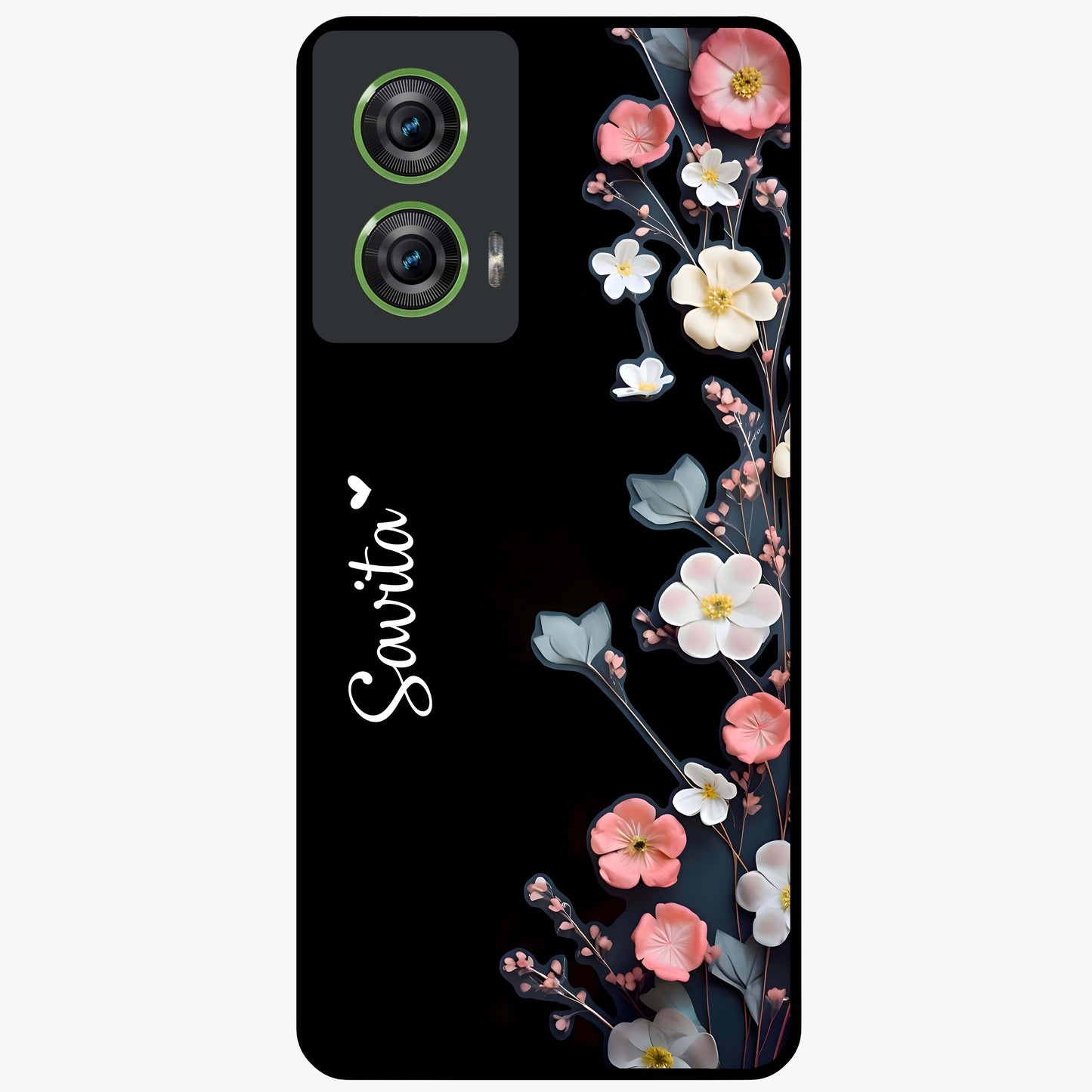Black Elegance Floral Custom Name Glass Case showing flat back view with elegant floral artwork and personalized name design.