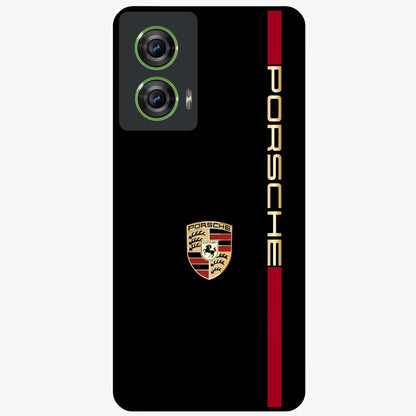 Black Minimal Porsche Glass Case showing flat back view with sleek minimal sports car artwork and glossy glass finish.