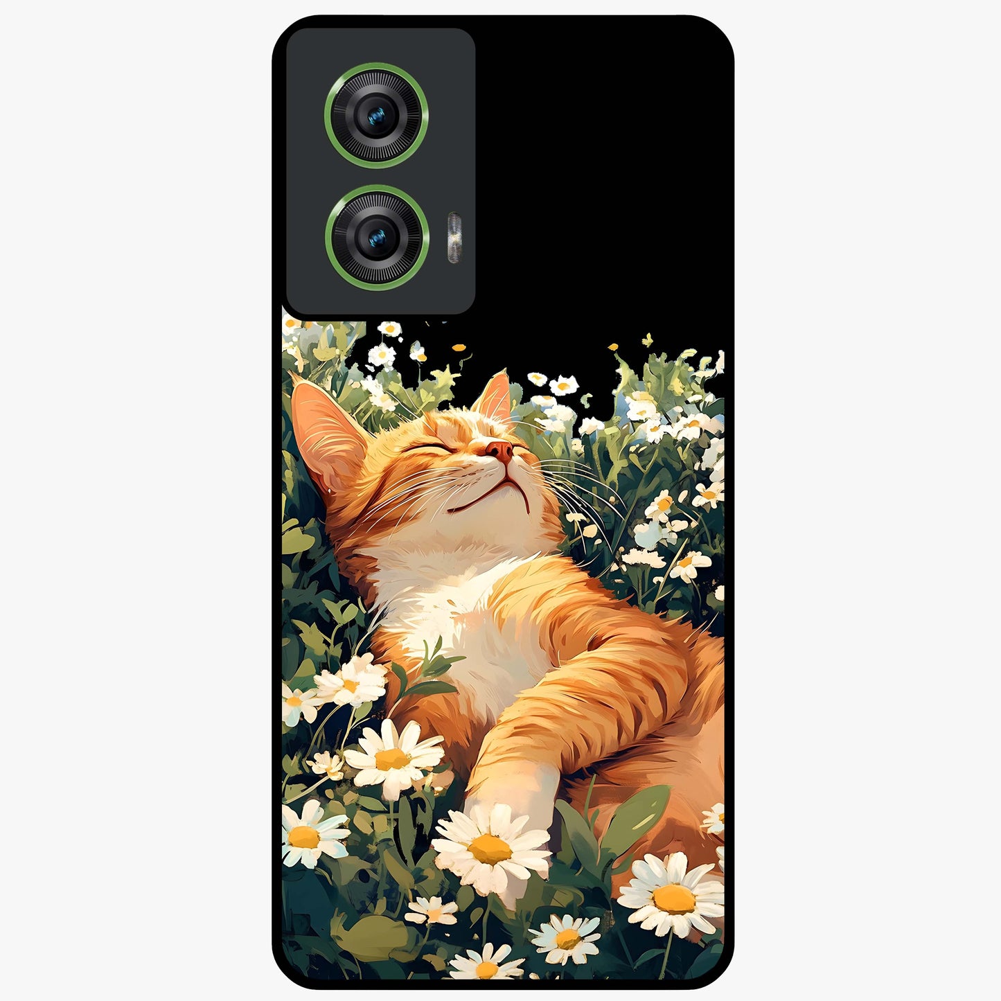 Blissful Bloom Cat Glass Case showing flat back view with cute cat and floral bloom artwork and glossy glass finish.