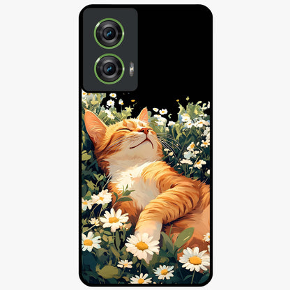 Blissful Bloom Cat Glass Case showing flat back view with cute cat and floral bloom artwork and glossy glass finish.