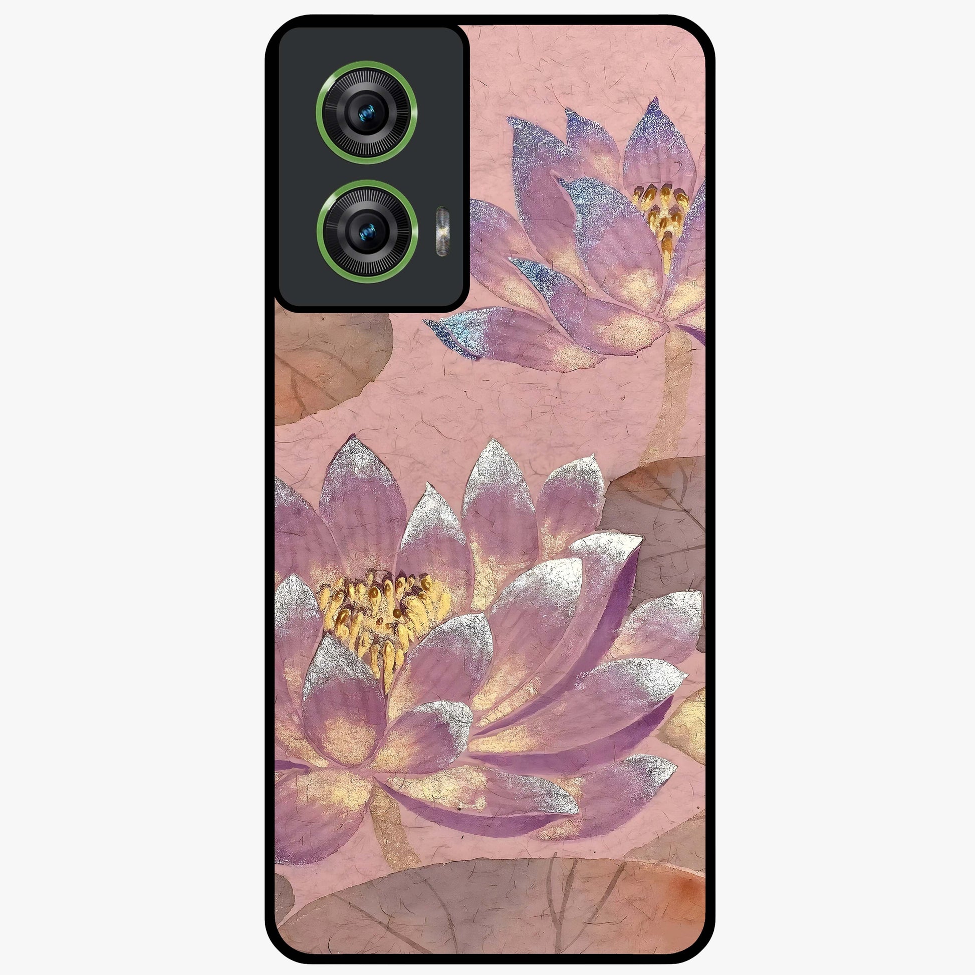 Blossom Mist Lotus Glass Case showing flat back view with serene lotus blossom artwork and glossy glass finish.