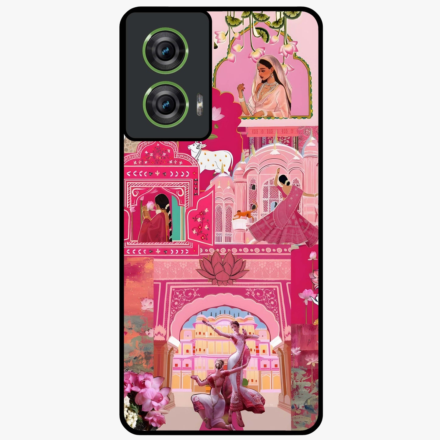 Blossoms of Rajasthan Glass Case showing flat back view with traditional floral artwork inspired by Rajasthan and glossy glass finish.