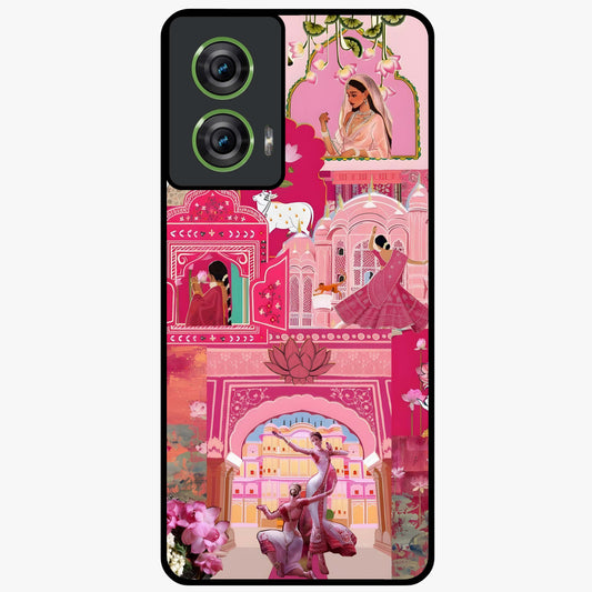 Blossoms of Rajasthan Glass Case showing flat back view with traditional floral artwork inspired by Rajasthan and glossy glass finish.