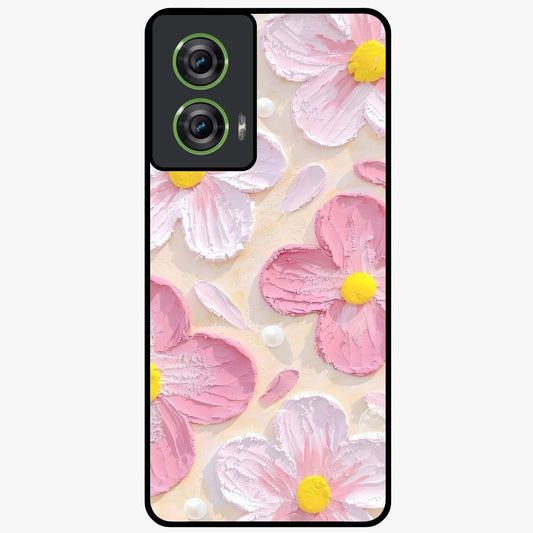 Blush Bloom Texture Glass Case showing flat back view with soft blush floral texture artwork and glossy glass finish.