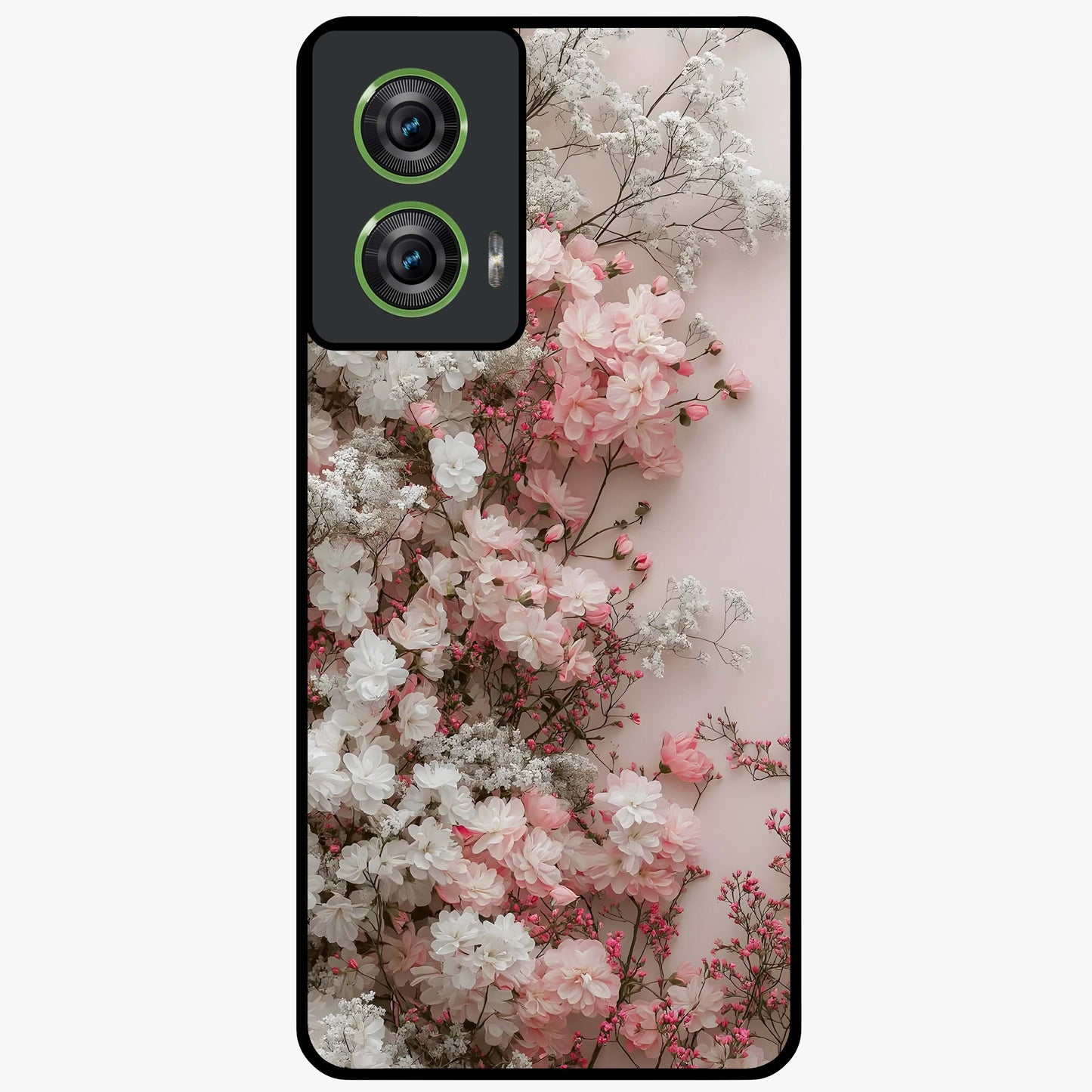 Blush Blossom Cloud Glass Case showing flat back view with dreamy blush cloud blossom artwork and glossy glass finish.