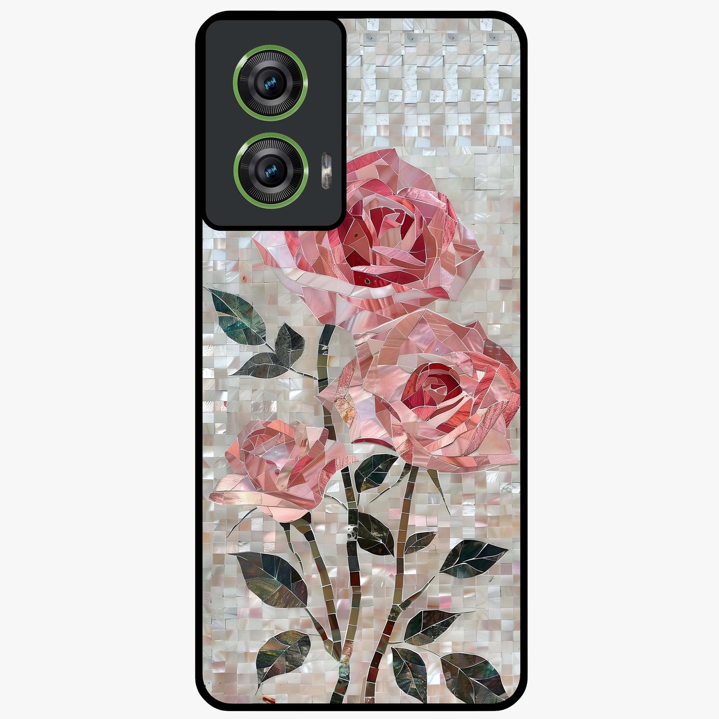Blush Mosaic Bloom Glass Case showing flat back view with mosaic floral bloom artwork and glossy glass finish.