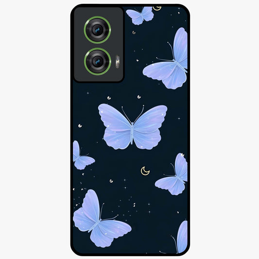 Butterfly With Stars Pattern Glass Case showing flat back view with butterfly and star pattern artwork and glossy glass finish.