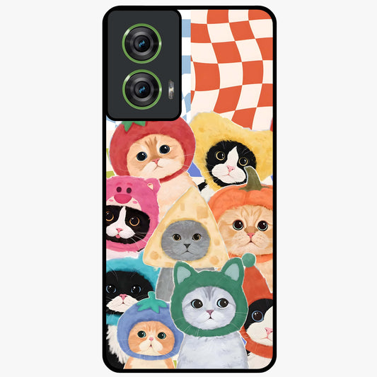 Cats in Fruits Glass Case showing flat back view with playful cat illustrations inside fruit artwork and glossy glass finish.