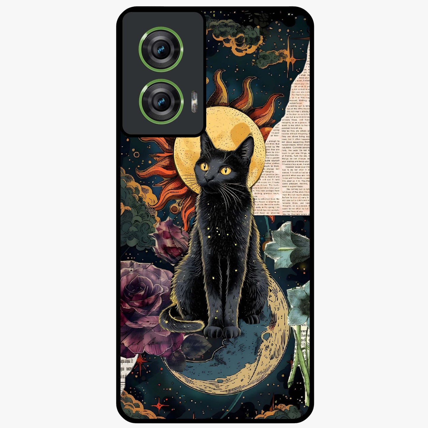 Celestial Black Cat Glass Case showing flat back view with mystical black cat artwork and glossy glass finish.