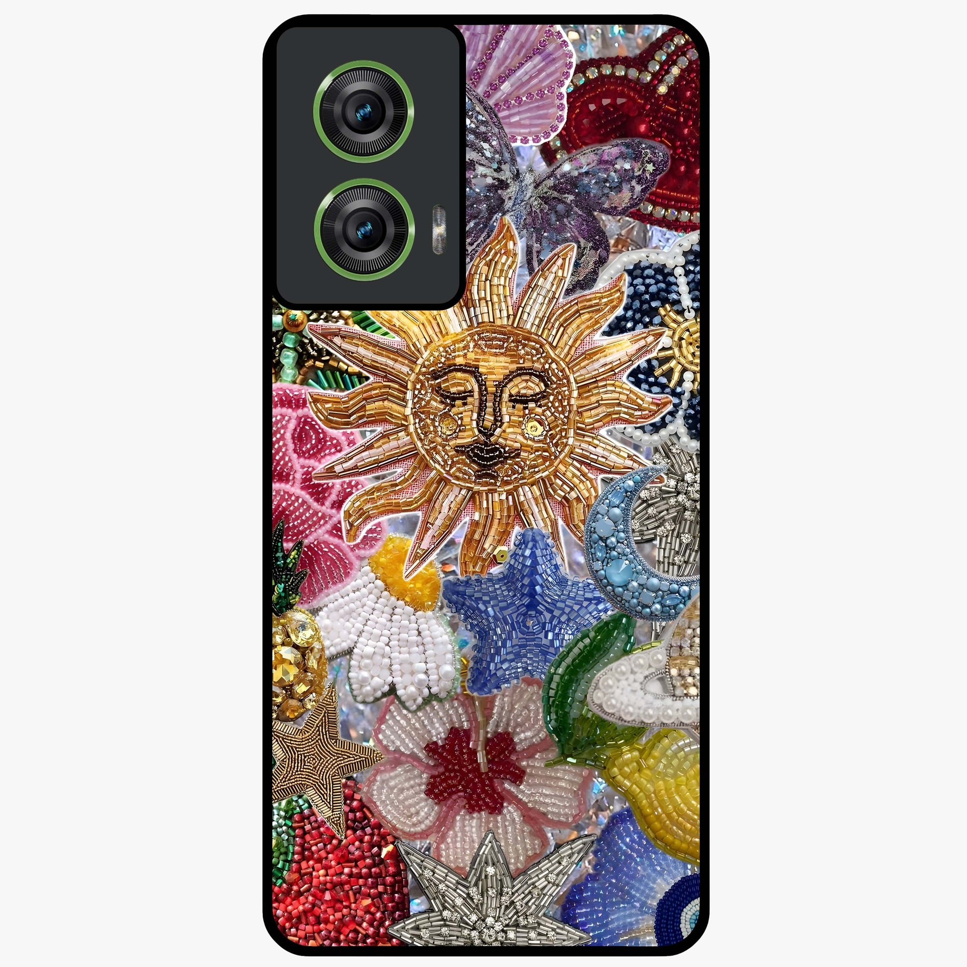 Celestial Floral and Playful Glass Case showing flat back view with floral and celestial themed artwork and glossy glass finish.