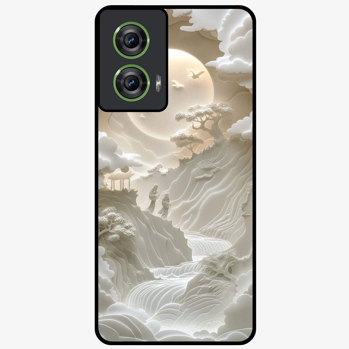 Celestial Origami Glass Case showing flat back view with artistic origami inspired celestial artwork and glossy glass finish.