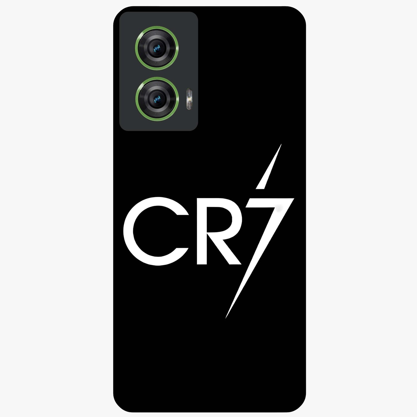 Cr7 Elite Strike Glass Case showing flat back view with dynamic football inspired artwork and glossy glass finish.