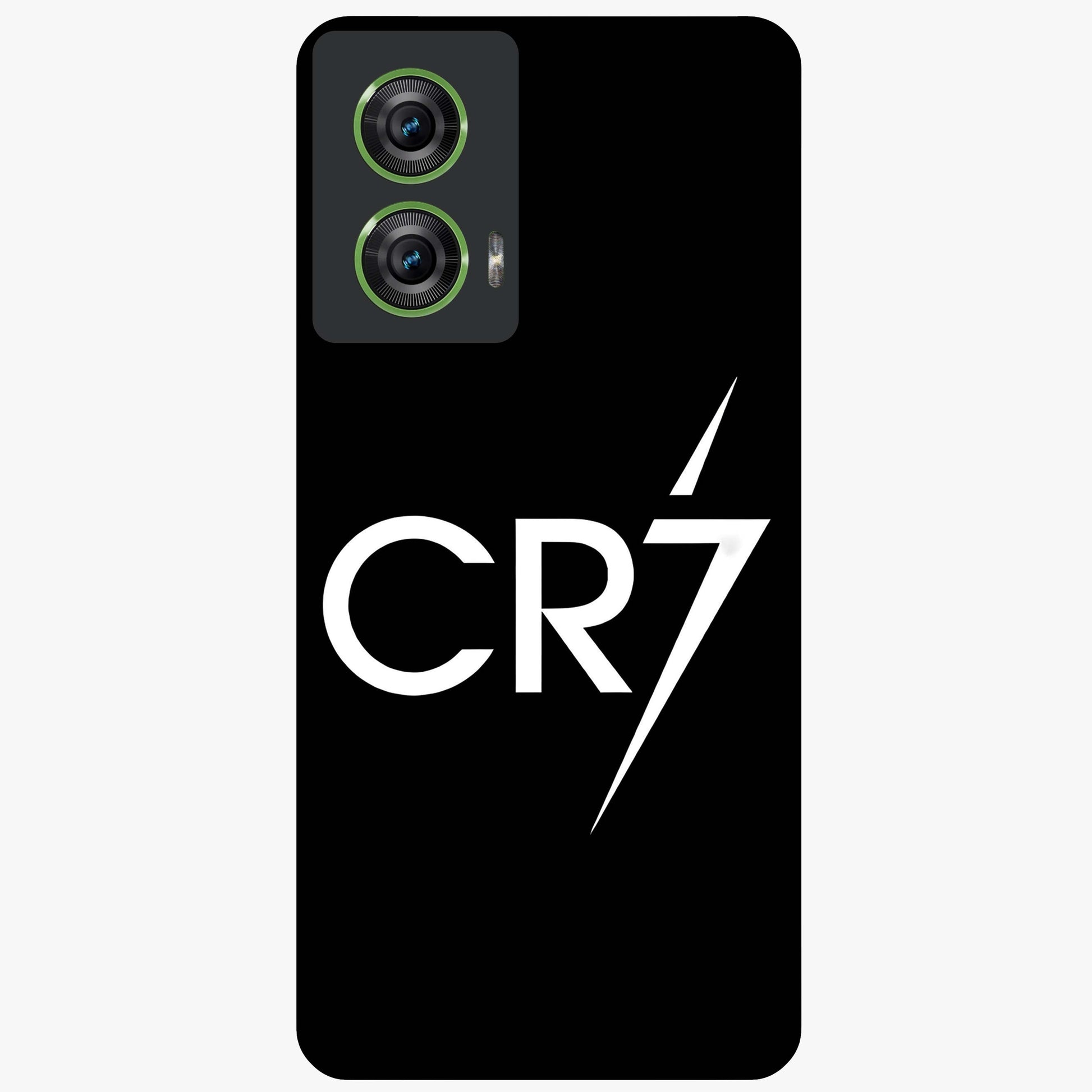 Cr7 Elite Strike Glass Case showing flat back view with dynamic football inspired artwork and glossy glass finish.