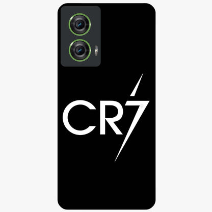 Cr7 Elite Strike Glass Case showing flat back view with dynamic football inspired artwork and glossy glass finish.