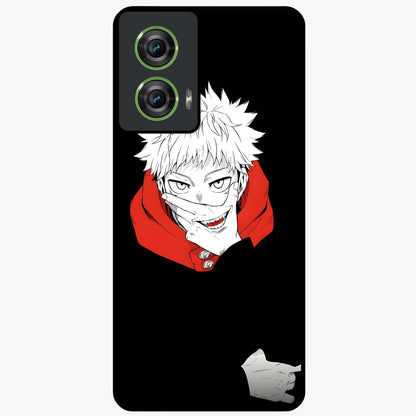 Crimson Chaos Smile Glass Case showing flat back view with bold chaotic smile artwork and glossy glass finish.