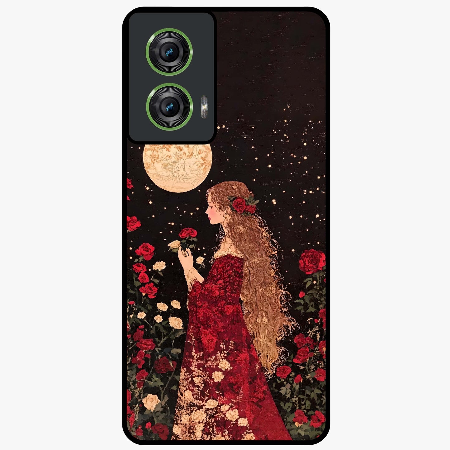 Crimson Dreams Glass Case showing flat back view with dreamy crimson artwork and glossy glass finish.