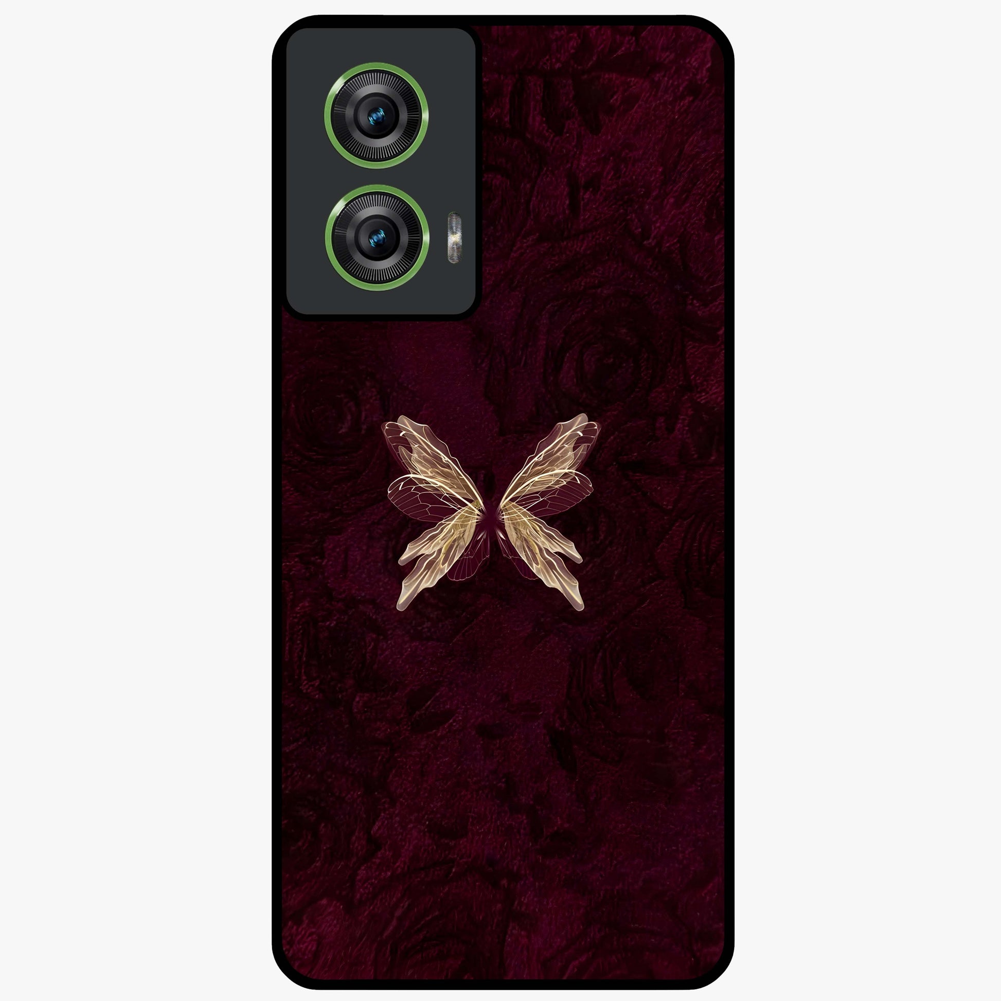 Crimson Fade Butterfly Glass Case showing flat back view with fading butterfly artwork and glossy glass finish.