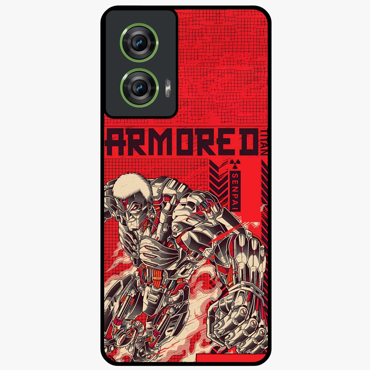 Crimson Mecha Titan Glass Case showing flat back view with powerful mech titan artwork and glossy glass finish.