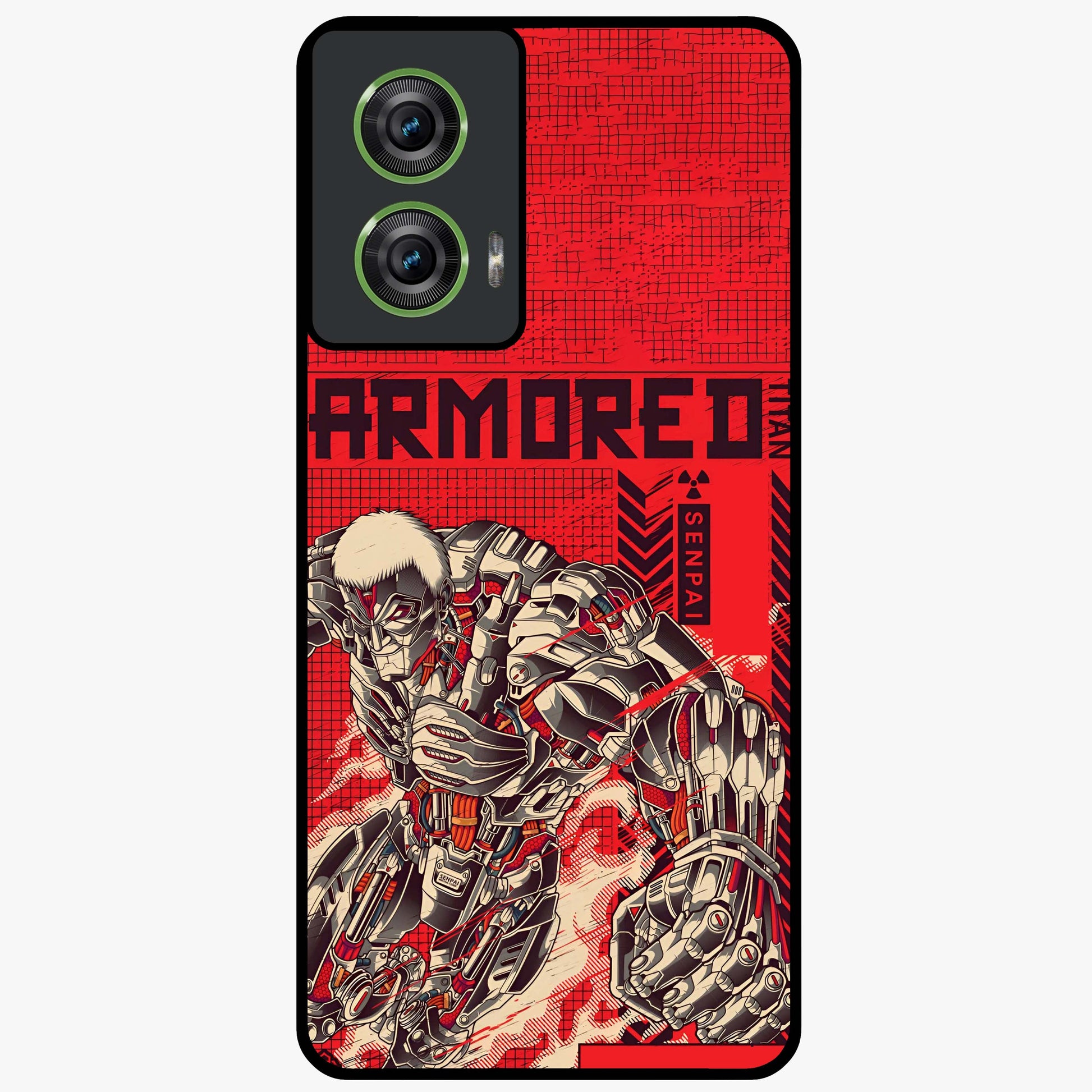 Crimson Mecha Titan Glass Case showing flat back view with powerful mech titan artwork and glossy glass finish.