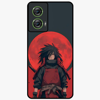 Crimson Moon Warlord Glass Case showing flat back view with mystical moon warrior artwork and glossy glass finish.