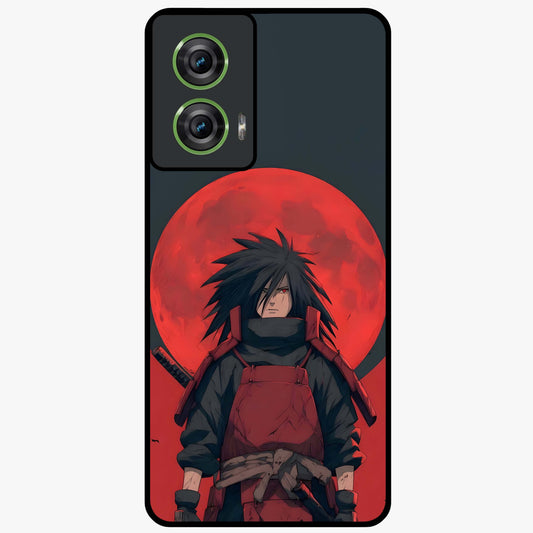 Crimson Moon Warlord Glass Case showing flat back view with mystical moon warrior artwork and glossy glass finish.