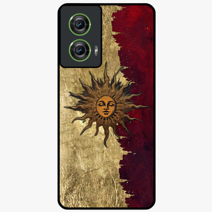 Crimson Sun Majesty Glass Case showing flat back view with radiant sun inspired artwork and glossy glass finish.