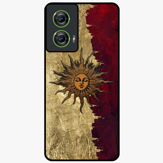 Crimson Sun Majesty Glass Case showing flat back view with radiant sun inspired artwork and glossy glass finish.