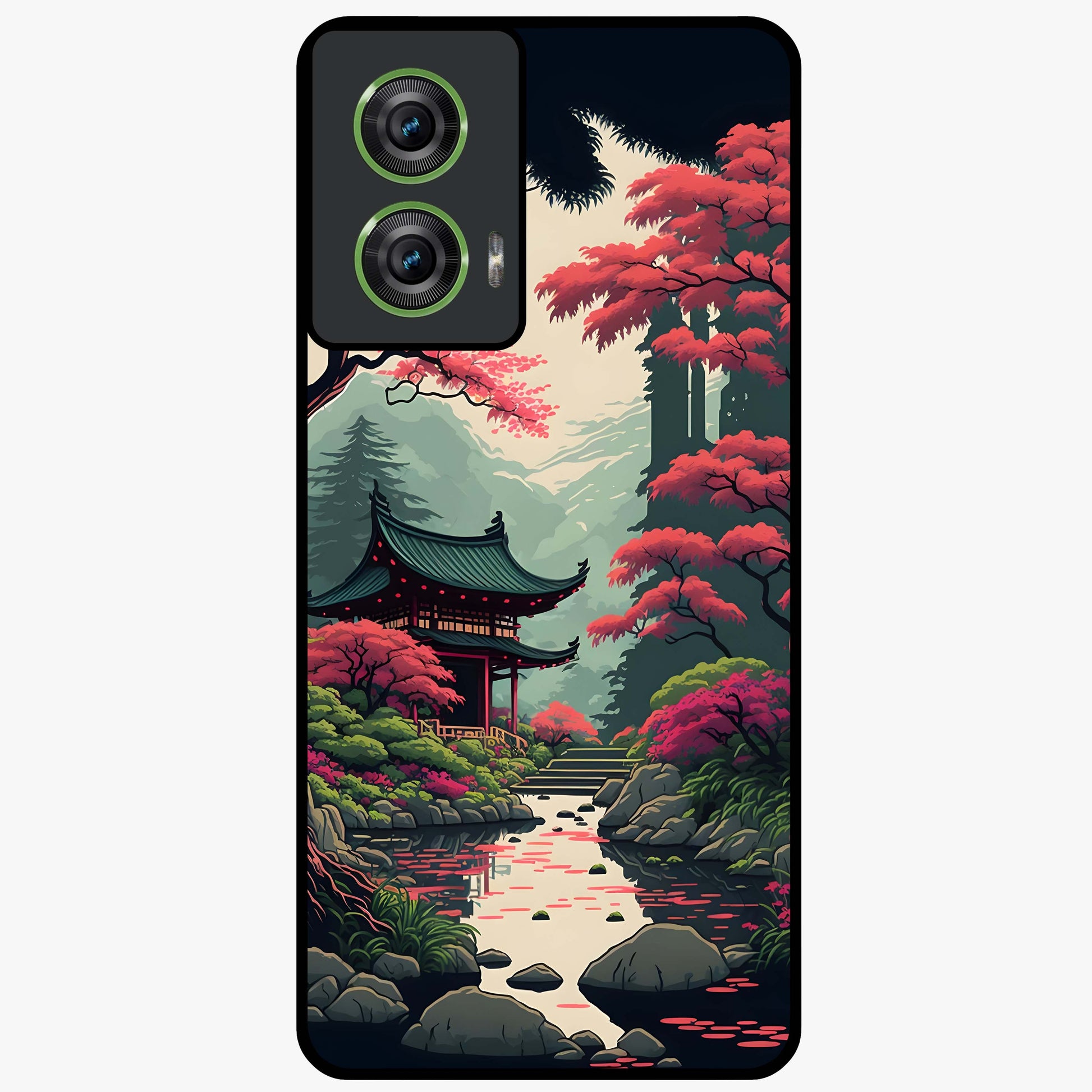 Crimson Temple View Glass Case showing flat back view with temple inspired artwork and glossy glass finish.