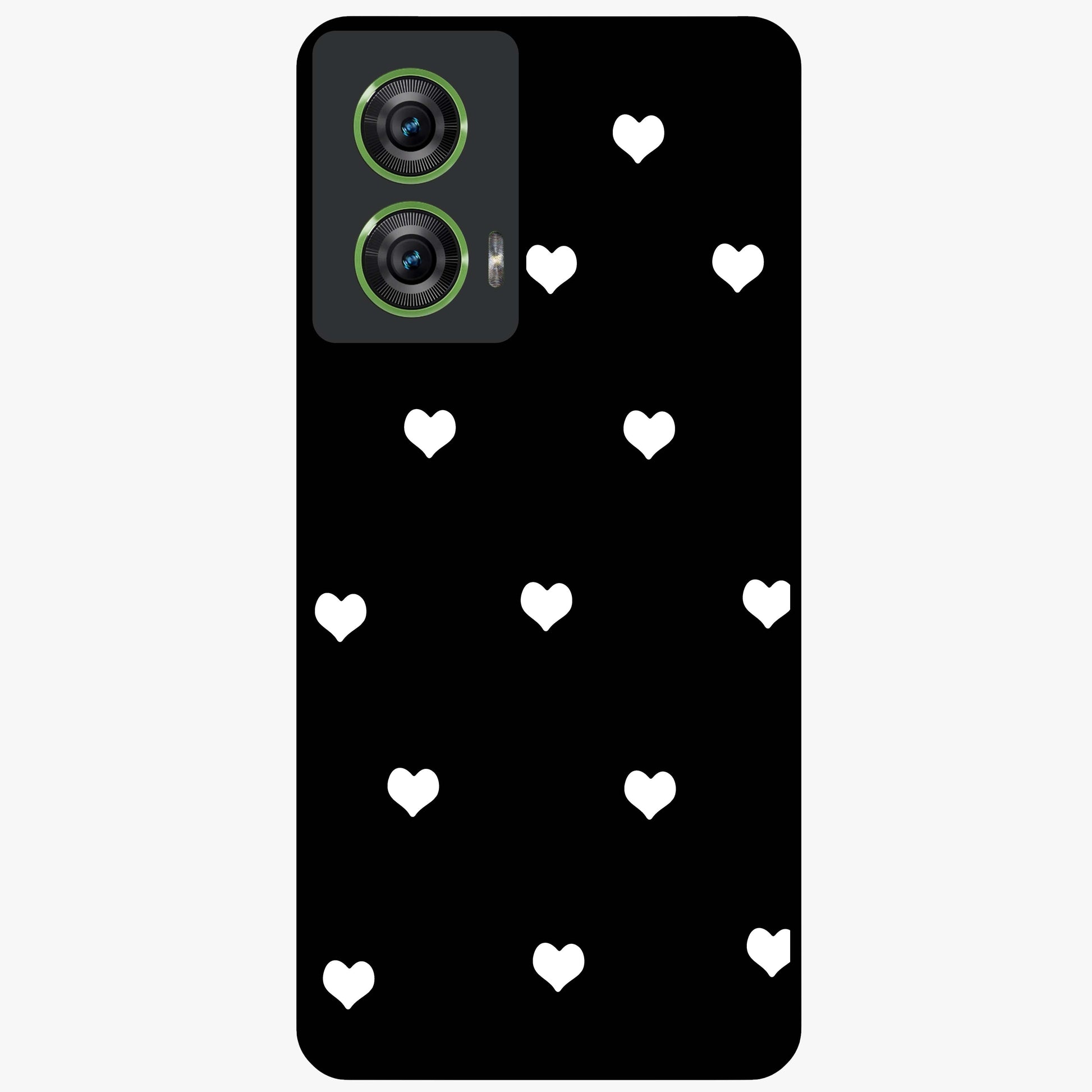 Cute And Simple White Hearts Glass Case showing flat back view with minimal white heart pattern and glossy glass finish.