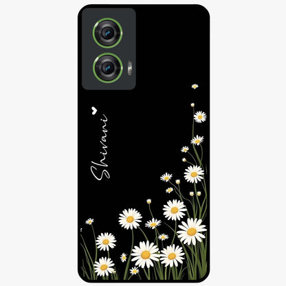 Daisy Cascade Custom Name Glass Case showing flat back view with cascading daisy flowers and personalized name design.