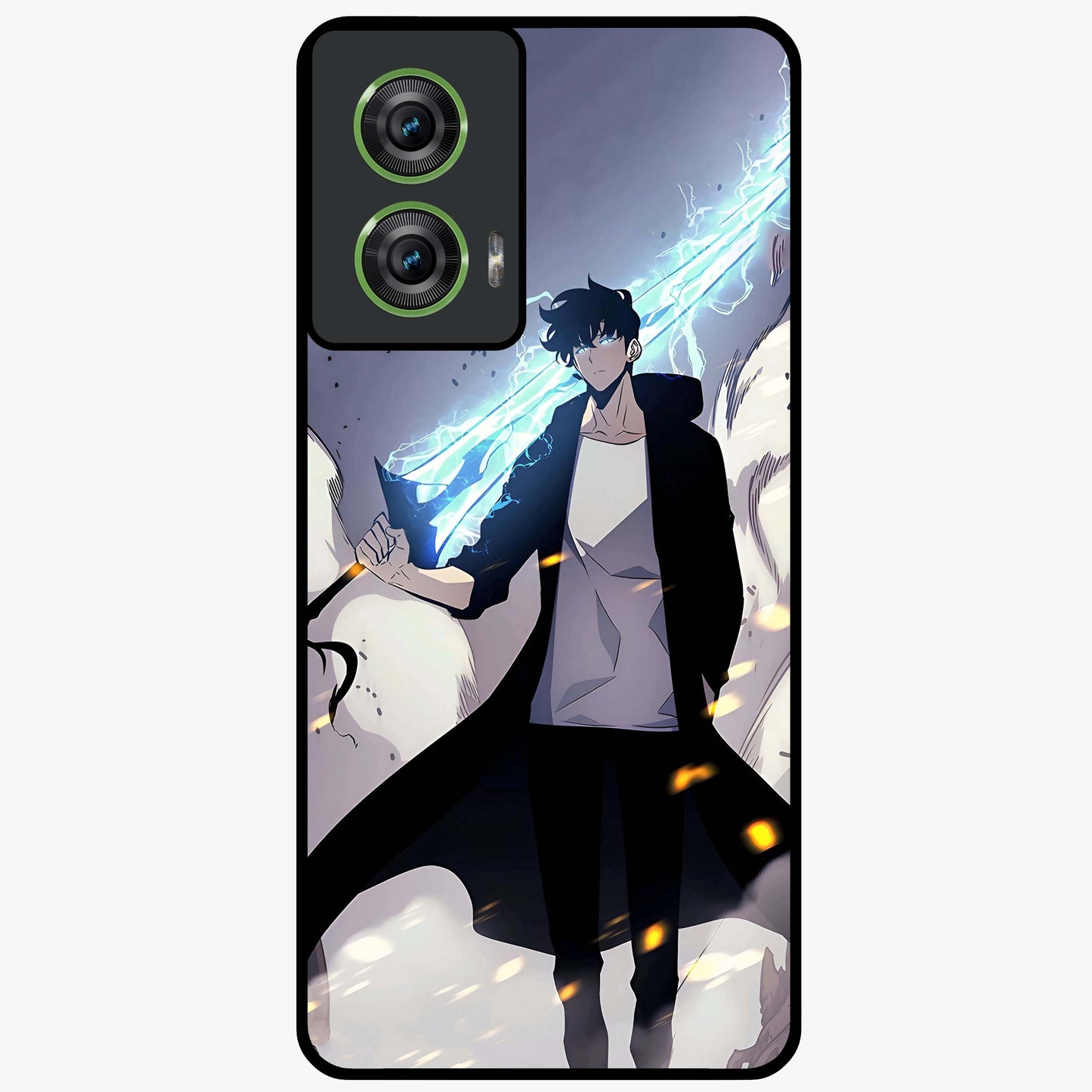 Dark Lightning Anime Warrior Glass Case showing flat back view with intense anime warrior artwork and glossy glass finish.