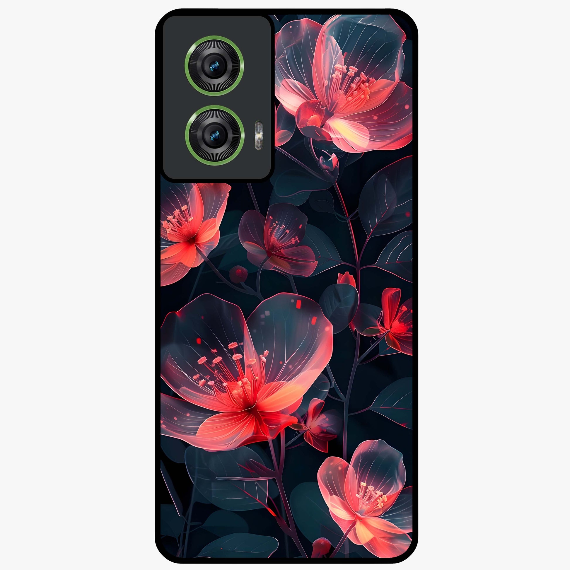 Dark Shade of Flower Glass Case showing flat back view with elegant dark floral artwork and glossy glass finish.