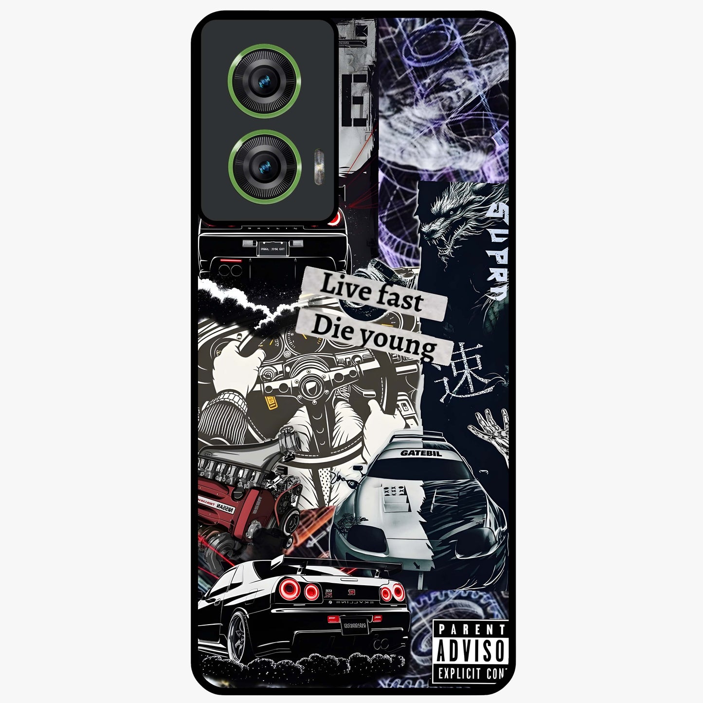 Die Young Glass Case showing flat back view with bold artistic typography design and glossy glass finish.