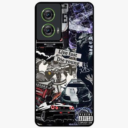 Die Young Glass Case showing flat back view with bold artistic typography design and glossy glass finish.