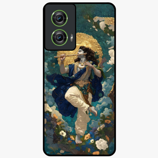 Divine Krishna Art Glass Case showing flat back view with Lord Krishna artwork and glossy glass finish.