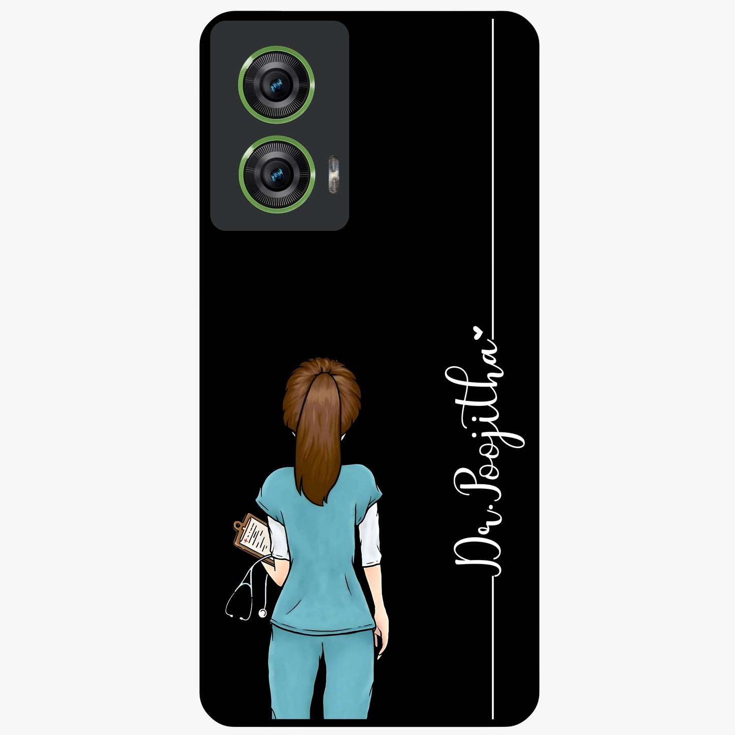 Doctor Pattern Custom Name Glass Case showing flat back view with medical themed pattern and personalized name design.