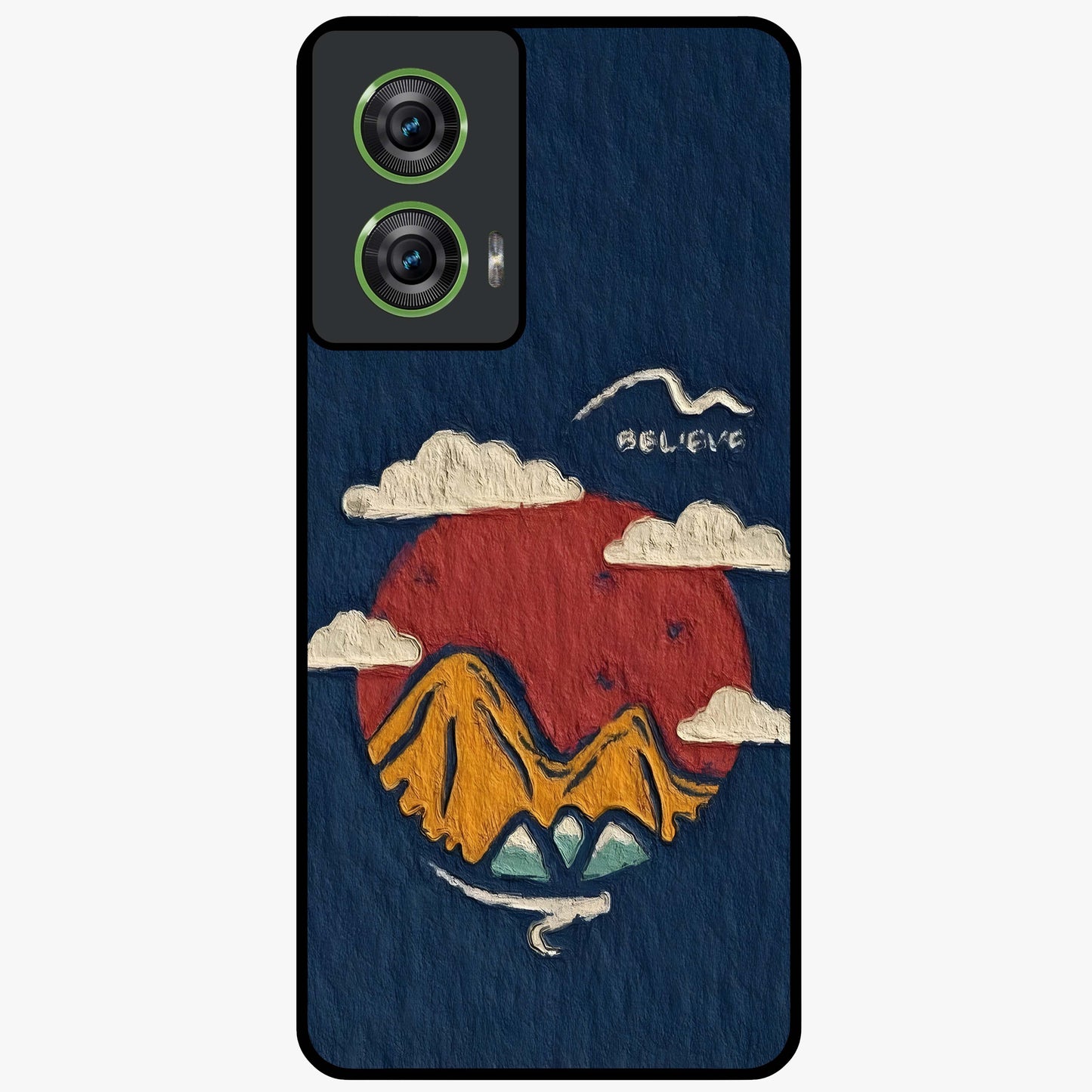 Dream Beyond Mountains Glass Case showing flat back view with scenic mountain landscape artwork and glossy glass finish.
