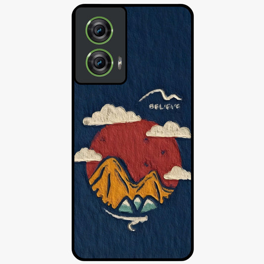 Dream Beyond Mountains Glass Case showing flat back view with scenic mountain landscape artwork and glossy glass finish.
