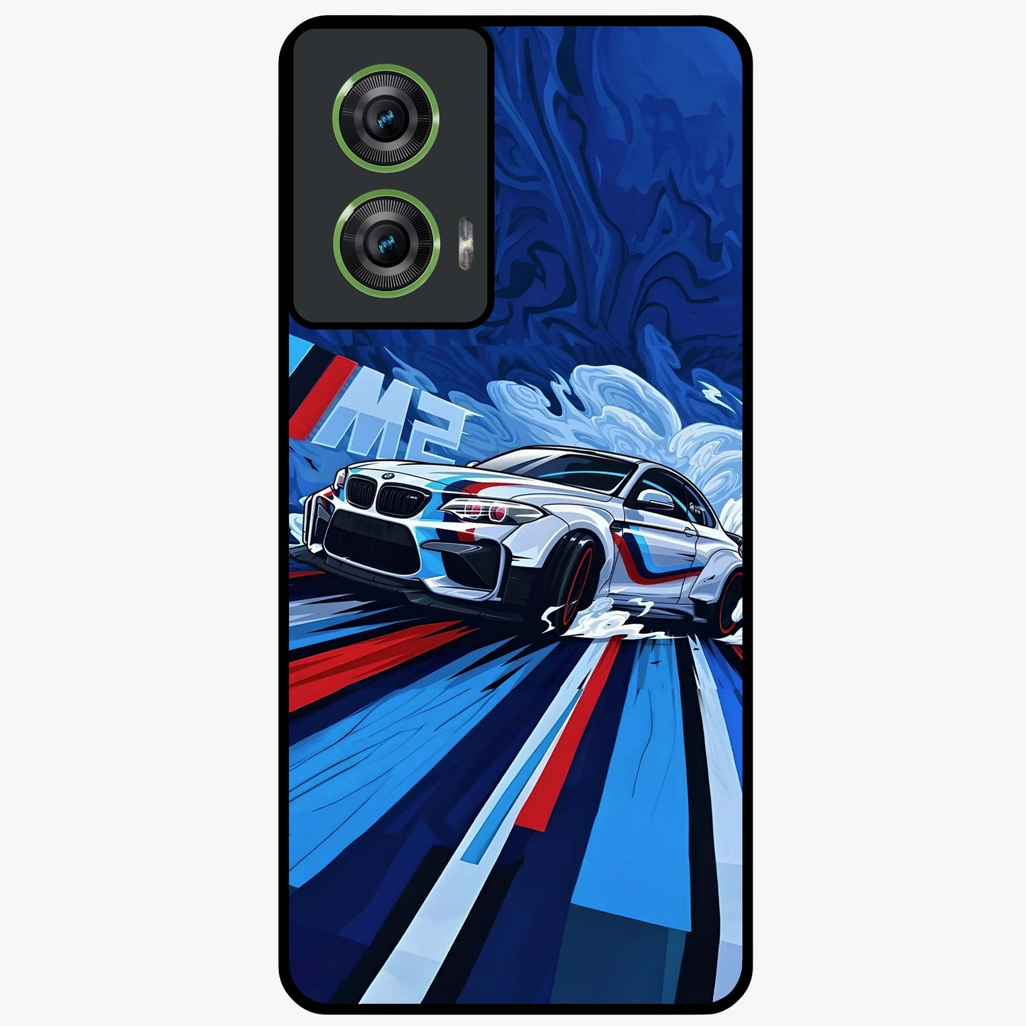 Drift Power Rush Glass Case showing flat back view with dynamic racing inspired artwork and glossy glass finish.